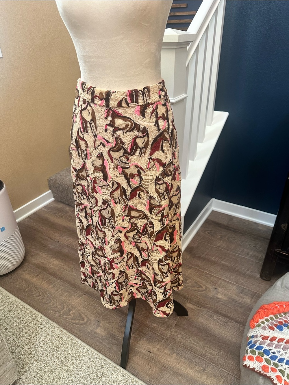 FARM Rio Cream, Brown & Pink Abstract Print A-Line Midi Skirt